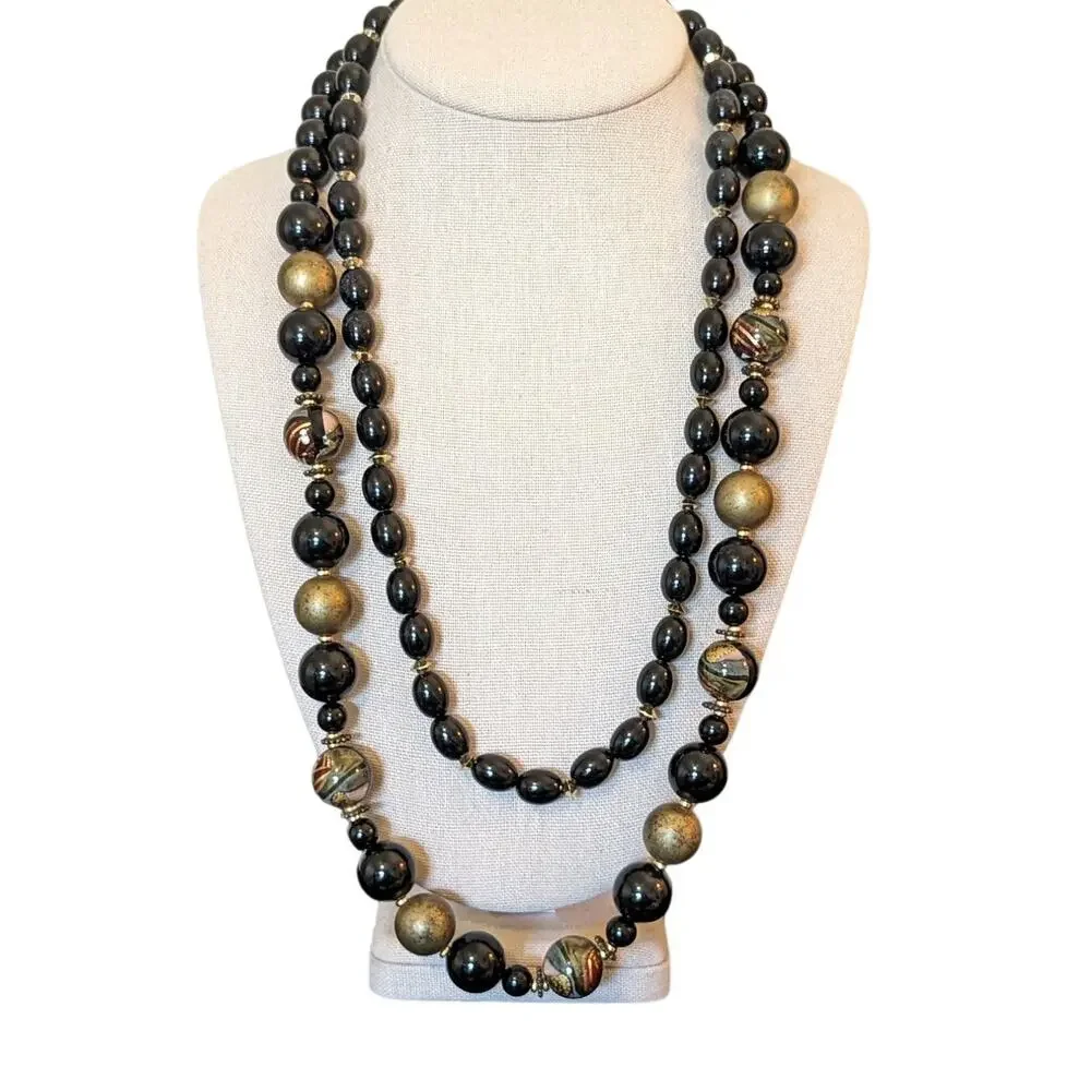 Two Black/Gold & Painted Beaded Vintage 24
